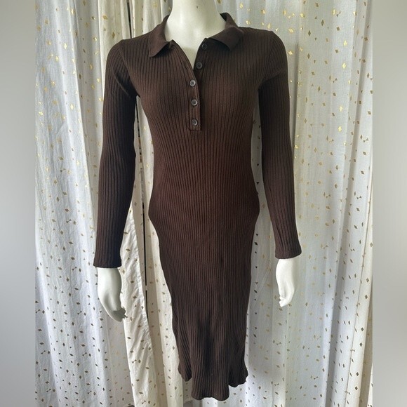 Zara Women's Bodycon Fitted Ribbed Knit Polo Chocolate Brown Dress Size S - Picture 3 of 5